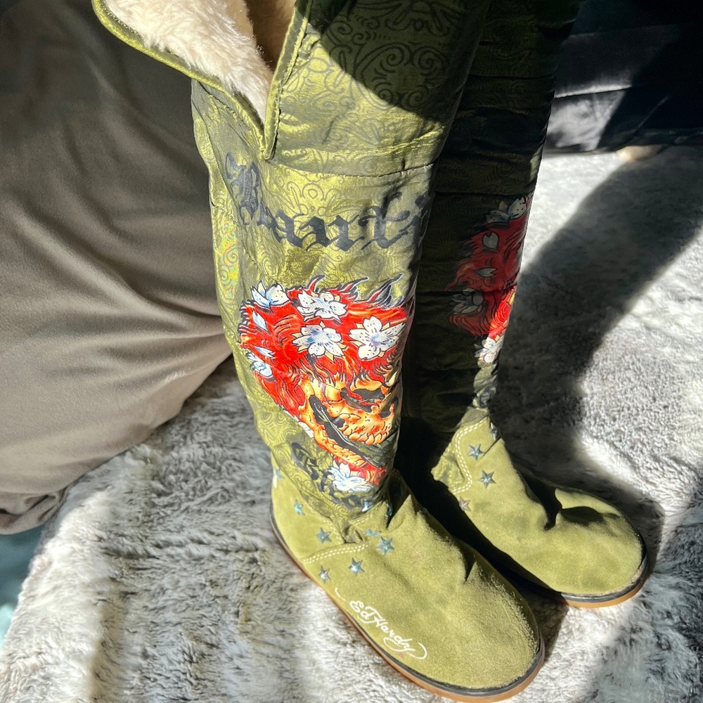 Vintage Ed hardy green flaming skull knee high boots